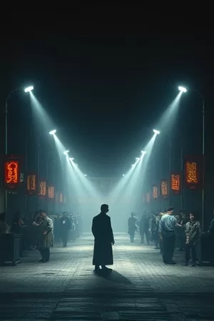 第七次日落科幻电影竖版封面，橙红色落日与小镇剪影